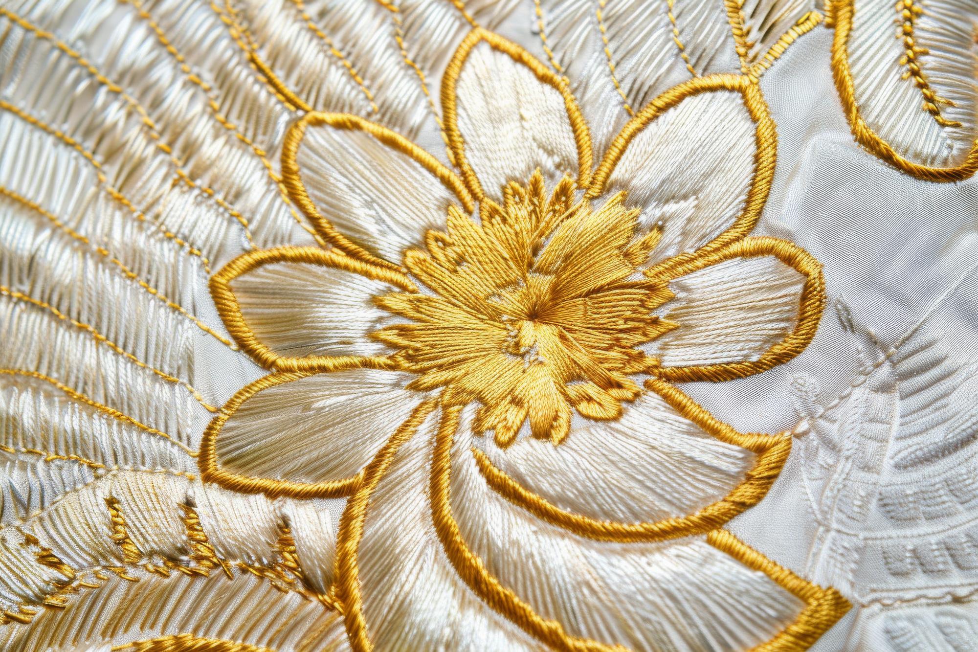 close-up of gold metallic thread floral embroidery